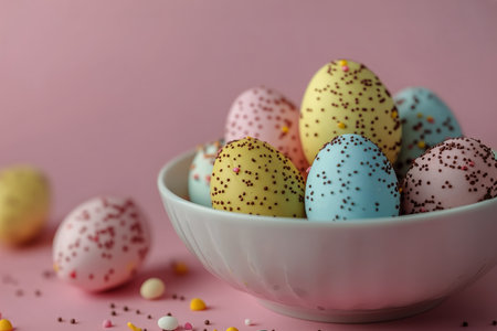 A variety of pastel colored speckled eggs are arranged in a white bowl placed on a vibrant pink surface surrounded by smaller candy eggs and decoration, perfect for spring festivities.の素材
