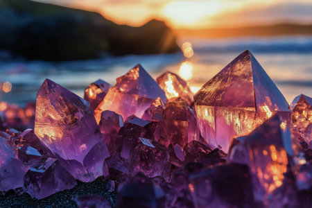 Vivid purple crystals lie scattered on the beach, reflecting the warm hues of the sunset as ocean waves crash in the background. The scene captures natures beauty at dusk.の素材