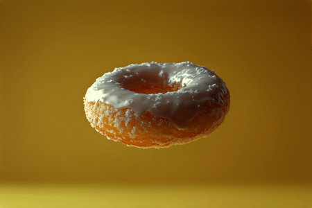 A delicious donut with a glossy white frosting topped with colorful sprinkles rests on a bright yellow surface, showing its tempting sweetness and delightful appearance.の素材