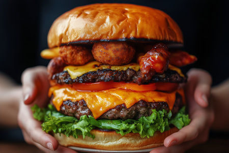 A chef presents a towering gourmet burger stacked with meatballs, cheese, and fresh lettuce, accompanied by crisp fries on a plate at a vibrant restaurant atmosphere.の素材