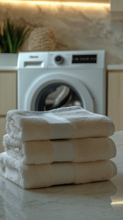 Freshly laundered towels are neatly stacked on a countertop in a contemporary laundry area, highlighting a clean and organized space with a washing machine in the background.の素材