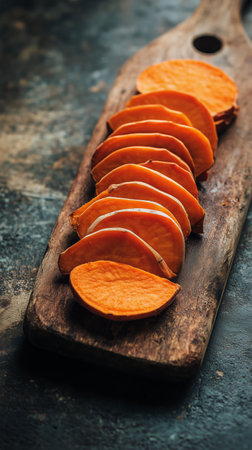 Fresh sweet potato slices are neatly arranged on a wooden cutting board. Green herbs provide a vibrant contrast, enhancing the rustic kitchen atmosphere.の素材