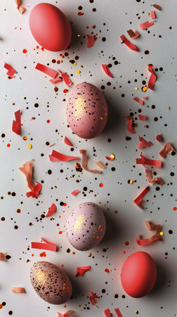 Decorated eggs in pastel pink and white sit among golden confetti and colorful sprinkles on a light surface, creating a festive atmosphere for a spring celebration or Easter event.の素材