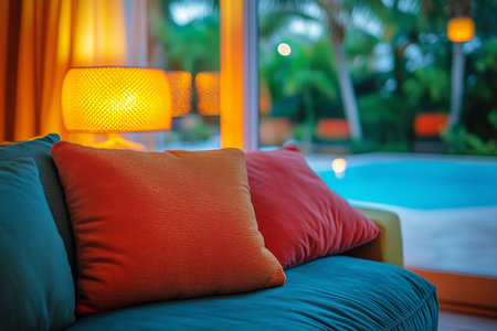 Colorful pillows are arranged on a couch, creating a cozy atmosphere inside. The luminous glow from a lamp contrasts with the serene outdoor pool and palm trees at sunset.の素材