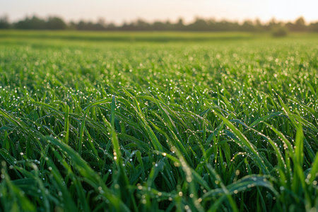 Fresh dew drops sparkle on vibrant green grass in a rural field during the early morning hours, creating a tranquil atmosphere. The sunlight gently illuminates the landscape.の素材