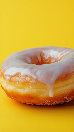 A delicious glazed donut with a smooth white icing drips slightly from the side. The bright yellow background enhances the treats appealing look and texture.の素材