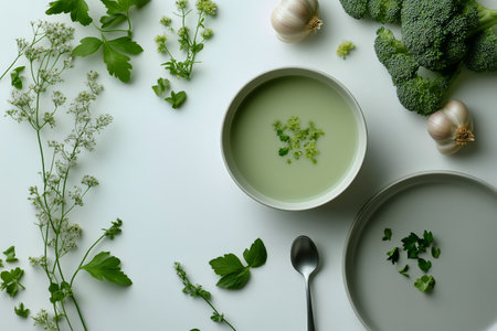 A bowl of creamy broccoli soup garnished with fresh herbs sits on a white counter. Surrounding it are garlic, broccoli, and assorted herbs ready for a delicious meal preparation.の素材