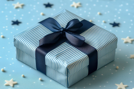 A blue striped gift box with a dark blue ribbon and bow is surrounded by small golden and silver stars on a smooth blue surface. This festive arrangement adds charm to any celebration.の素材
