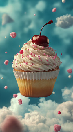 A delicious cupcake topped with fluffy frosting and a cherry is placed on a pink ribbon, surrounded by golden spheres and soft clouds against a tranquil blue background.の素材