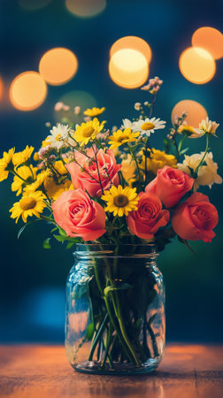 A vibrant bouquet features red, yellow, and orange roses mixed with cheerful daisies, set in a glass jar. The warm bokeh background creates a cozy and inviting atmosphere.の素材