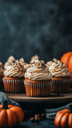 Festively decorated cupcakes sit on a wooden platter, featuring orange and white frosting, chocolate spiders, and spider web designs. Small pumpkins add to the Halloween theme.の素材