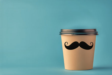 A unique coffee cup featuring a whimsical mustache design stands against a smooth turquoise backdrop, adding a playful touch to any beverage moment.の素材