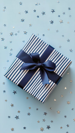 A beautifully wrapped gift box featuring dark stripes and a matching satin ribbon. Surrounding it are scattered star confetti on a light blue background, perfect for festivities.の素材