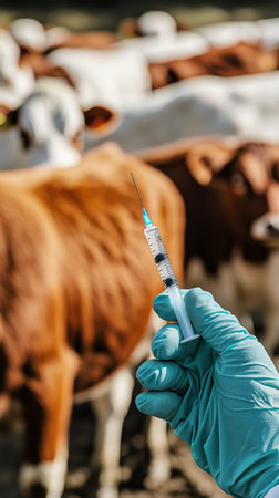 A hand in a glove holds a syringe ready for vaccination. In the background, dairy cows stand in a field, illuminated by the warm light of the sunset.の素材