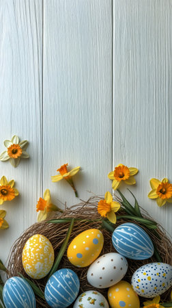 Decorative eggs in various colors rest in a nest made of twigs, complemented by blooming spring flowers, set against a soft pastel background, creating a cheerful spring atmosphere.の素材