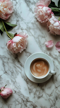 A cup of coffee sits on a marble table surrounded by fresh pink peonies. The soft morning light highlights the delicate flowers and smooth marble texture, creating a serene atmosphere.の素材