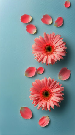 Two vibrant pink gerbera daisies sit on a blue background surrounded by delicate rose petals, creating a fresh and cheerful ambiance perfect for decoration or gifting.の素材