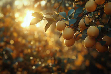 Bright yellow lemons grow abundantly on branches as the sun sets, casting a warm glow that enhances the natural beauty of this citrus orchard.の素材
