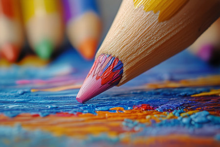 Close-up of a colored pencils tip applying vibrant hues to a textured canvas. Bright colors blend together, showcasing creativity and artistry in an afternoon craft session.の素材