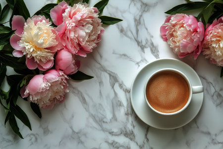 A cup of coffee rests on a marble table surrounded by blooming pink peonies and scattered petals, creating a serene atmosphere perfect for a morning retreat.の素材