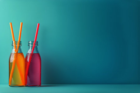 Two glass bottles hold vibrant drinks, one orange and one pink, with colorful straws. The bottles are set against a smooth teal background, creating a cheerful atmosphere.の素材