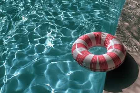 Bright and inviting pool float with red and white stripes lies next to sparkling water under clear blue sky on a warm summer afternoon, ideal for relaxation and fun.の素材