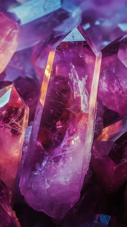 Amethyst crystals display vibrant purple hues, reflecting light in captivating ways at a mineral exhibition during autumn. Attendees marvel at their beauty and clarity.の素材