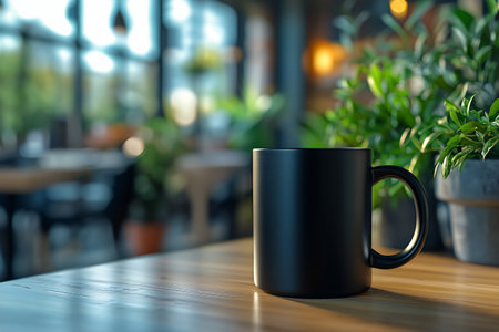 A black mug rests on a rustic wooden table in a serene cafe. Sunlight bathes the space, illuminating plants and creating a warm atmosphere perfect for relaxation.の素材