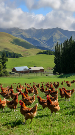 Chickens explore a vibrant green pasture while a rustic barn sits in the background. The sun shines brightly over rolling hills and majestic mountains under a partly cloudy sky.の素材