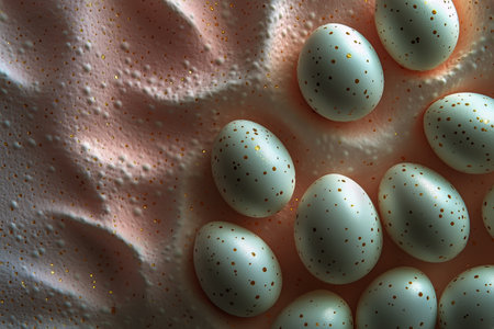 Light blue eggs with gold speckles are arranged neatly on a pastel pink background, creating a festive atmosphere suitable for spring celebrations or holiday gatherings.の素材