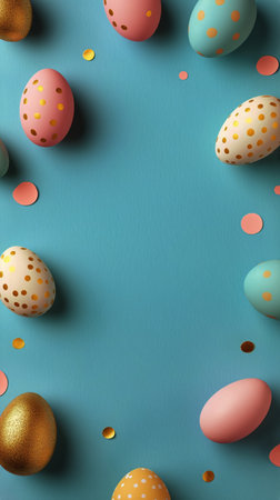 Vibrant pink and blue eggs adorned with golden polka dots are scattered among glaming confetti pieces on a soft blue backdrop, evoking a joyful celebration atmosphere.の素材