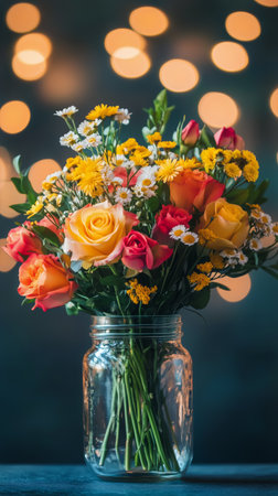 A vibrant bouquet features red, yellow, and orange roses mixed with cheerful daisies, set in a glass jar. The warm bokeh background creates a cozy and inviting atmosphere.の素材
