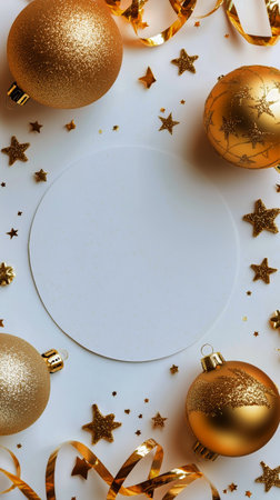 Festive decorations in gold and white adorn a light background, featuring ornaments, stars, and ribbons, evoking a joyful holiday spirit perfect for family gatherings and celebrations.の素材