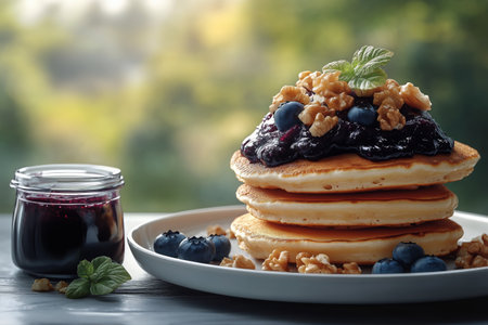 Fluffy pancakes are stacked high, covered in berry compote and crushed nuts, with syrup cascading down, creating a delicious dessert experience in a warm ambiance.の素材