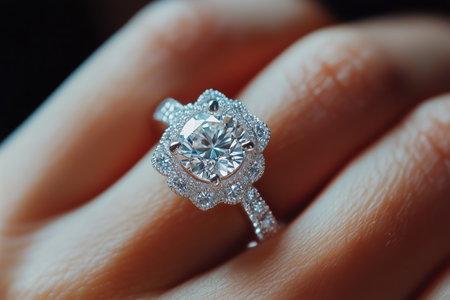 A dazzling engagement ring features a large central diamond surrounded by smaller stones, gracefully held by a hand.の素材