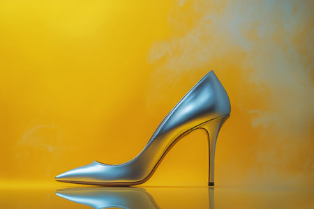 A stylish high heel shoe features a metallic blue and gold design resting on a reflective surface. The bright yellow backdrop enhances its allure during a fashion event.の素材