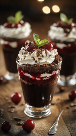 Three elegant glass cups filled with layers of chocolate cake, cherry topping, whipped cream, and chocolate shavings are beautifully presented, creating a mouthwatering dessert display.の素材