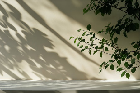 Bright sunlight filters through leaves, creating intricate shadows on a smooth wall. The scene captures tranquility and natures beauty indoors during the day.の素材