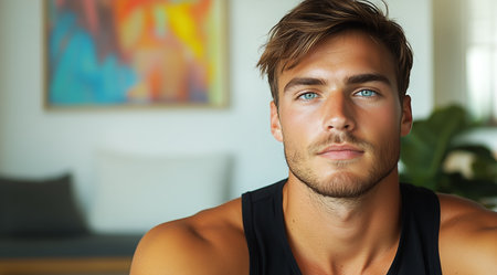 A young man poses confidently in a casual outfit, showing his blue eyes and defined features. The warm indoor space is adorned with greenery, creating a relaxing atmosphere.の素材