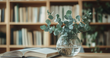 A clear vase holds fresh eucalyptus leaves next to an open book on a wooden table, creating a warm and inviting atmosphere in a tranquil reading nook.の素材