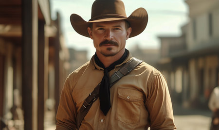 A cowboy dressed in classic attire poses confidently in a western town. The sun casts warm light, highlighting the rustic buildings and dusty streets, evoking a historic atmosphere.の素材