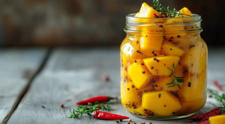 Bright yellow mango pieces preserved with spices fill a glass jar, placed on a rustic wooden table, surrounded by herbs and red chilies, showing a vibrant culinary display.の素材