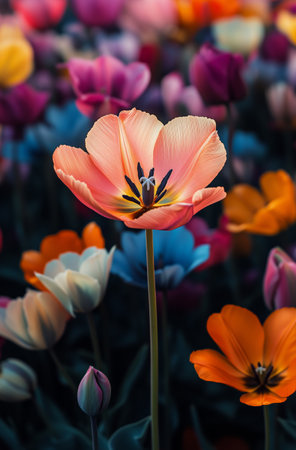 A field filled with vibrant tulips showcases a variety of colors, including pink, orange, and blue, against a dark background, highlighting their beauty in the spring sun.の素材