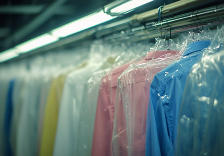 Various shirts and jackets in vibrant colors are neatly hung in protective plastic coverings at a retail store. The display showcases a range of styles and patterns.の素材
