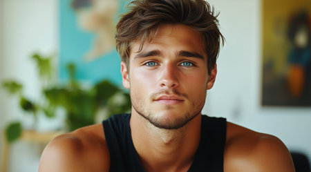 A young man poses confidently in a casual outfit, showing his blue eyes and defined features. The warm indoor space is adorned with greenery, creating a relaxing atmosphere.の素材