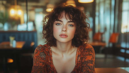 A young woman with curly hair gazes directly at the viewer while seated at a cafe. The warm atmosphere features soft lighting and a relaxed environment, creating a cozy vibe.の素材