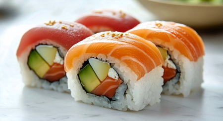 Colorful sushi roll layers of fresh fish including tuna and salmon, combined with avocado and rice, presented on a bright white background for an appealing look.の素材