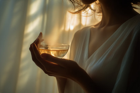 A person holds a transparent glass filled with golden liquid, illuminated by soft sunlight streaming through sheer curtains. The atmosphere feels serene and contemplative.の素材
