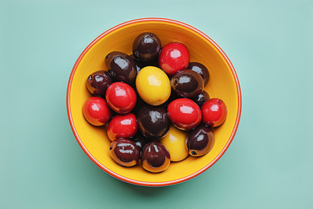 A bright bowl filled with decorative fruits in various colors, including yellow, red, and purple. The vibrant colors contrast with the teal background, creating an eye-catching display.の素材