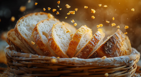 Warm light illuminates a woven basket filled with freshly sliced bread. Golden crumbs float gently above, enhancing a cozy atmosphere, perfect for a bakery setting.の素材